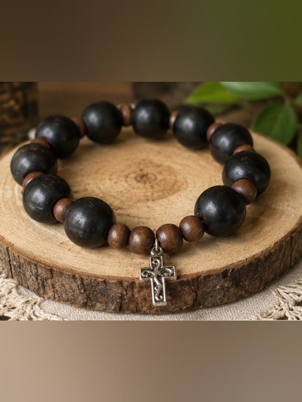 Artisan Chunky Dark Wood Beaded Bracelet with Cross Charm - Black & Brown
